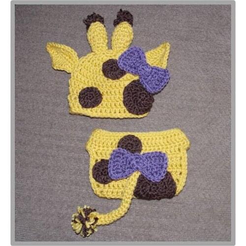 Free shipping,cute handmade crochet newborn Yellow giraffe hat with matching diaper cover baby sets newborn photography props