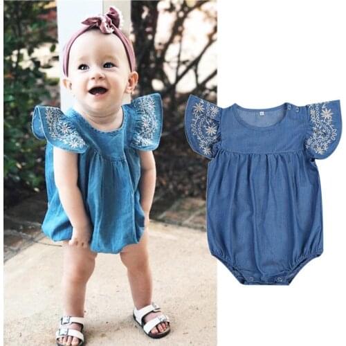 2018 Summer Casual Sweet Newborn Infant Baby Girls Ruffles Sleeve O-Neck Floral Blue Covered Button Bodysuit Playsuit 0-24M