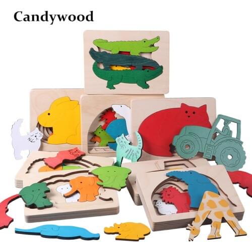 Candywood New Children Toy Animal Cartoon 3D Puzzle Multilayer Jigsaw Puzzle Baby Wooden Toys Child Creative Early Educational