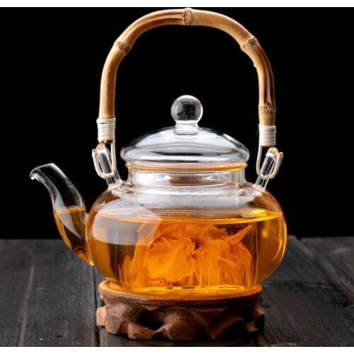 PINDEFANG Bamboo Handle 600ml Blooming, Loose Leaf Teapot w/ Glass Strainer Safe Lid Dishwasher Stovetop Safe Teaset Kettles