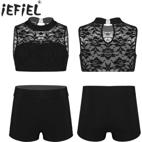 Kids Girls Athletic Gymnastics Leotard Ballerina Set Floral Lace Tank Top with Bottoms Ballet Dancewear Workout Lyrical Costumes