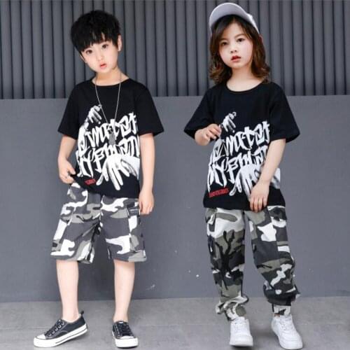 Kid Loose Ballroom Jazz Hip Hop Dance performance Costumes for Girl Boy Black Shirt Top Camouflage Pants Dancing Wear Clothing