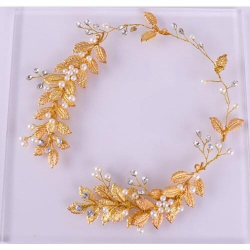 FORSEVEN Gold Leaf Pearl Beads Crystal Headband Tiaras Handmade Bridal Hair Jewelry Headpiece Wedding Bride Hair Accessories JL