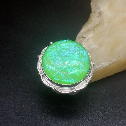 Hermosa Jewelry Round Shape Unique Green Dichroic Glass Silver Color Wedding Charms Band Ring For Women Men Size 8.5 FQ172