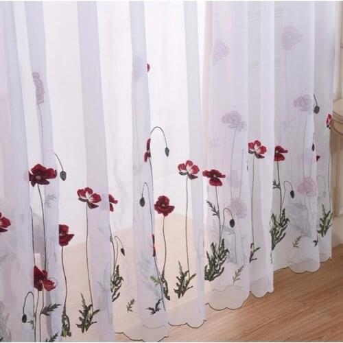 Classic White Sheer Embroidered Red Flower Curtains Tulle for Living Room Simple Pastoral Window Screen Voile Drapes Bedroom