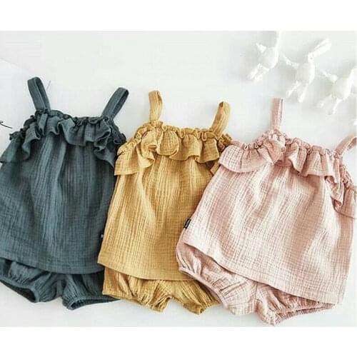 Summer Kids Girls Clothing Sets Baby Girl Clothes Sleeveless Sling Vest Tops +Shorts 2Pcs Cotton Linen Clothes Casual Suits