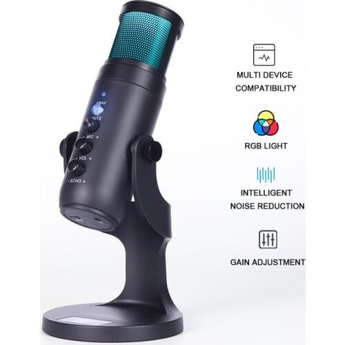 RGB Condenser Microphone for iPhone Android laptop Computers Professional USB Mic with Earphone jack for Gaming Streaming Video