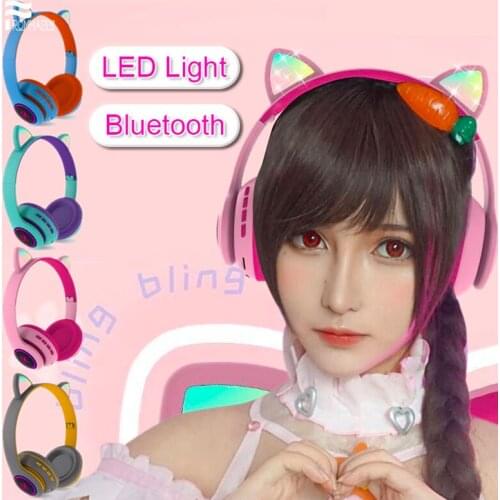 For Kids Adult Cute Cat Ear Headset Bluetooth 5.0 Wireless Bass Earphone With Microphone Gaming LED Light Wireless Headphones