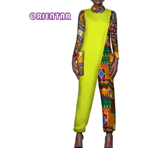 Fashion Women Jumpsuit Long Sleeve African Wax Print Bazin Riche Cotton Dashiki Jumpsuits African Style Clothing Pants WY1127