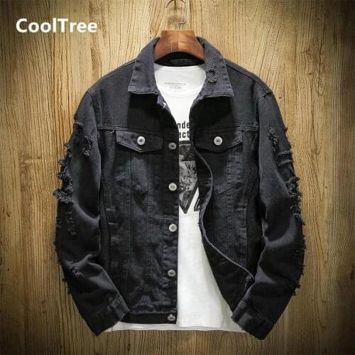 CoolTree Men Denim jacket Spring Autumn Single-breasted Ripped Hole Jean Coat Male Solid color Slim Fit Outerwear Brand Clothing