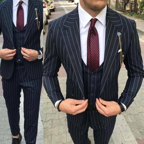 2021 Costume Homme Fashion Slim Fit Black Stripe Men Suit Formal 3 Piece Business Tailor Made Men Suit Groom Wedding Tuxedo