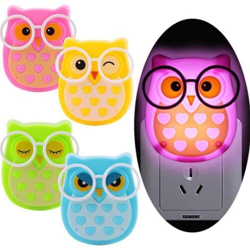 Cute Glasses Owl Night Lamp Standard Plug External Light Control LED Sensor Light Baby Bedroom Lighting Decor 0.6w Energy Saving