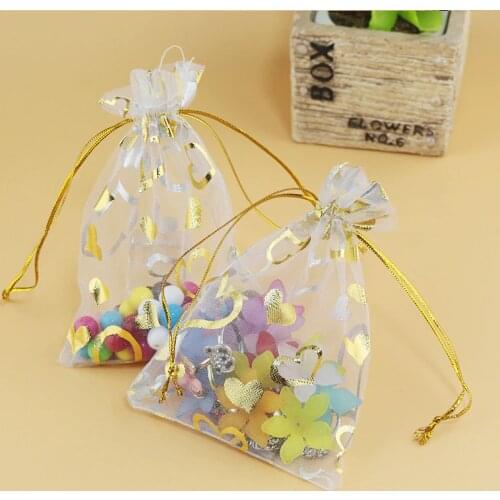 New Fashion 200pcs/lot Heart Print Organza Bag Wedding Party Favor Gift Candy Jewelry Packaging Bags Pouches White Color 7x9cm