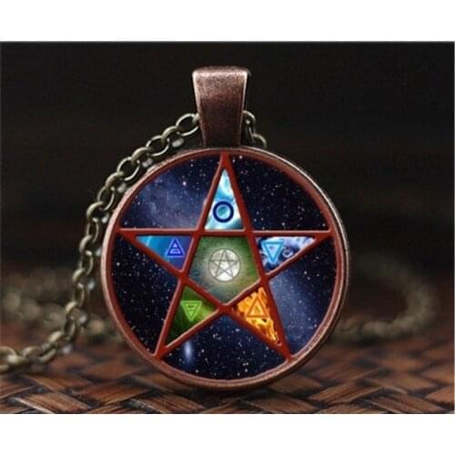 New Fashion Pentagram Glass Cabochon Necklace Retro Pendants Handmade Jewelry Amulet