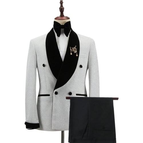 New Elegant 2021 Costume Homme Double Breasted Shiny Silver Dinner Party Groom Wear Men Wedding Suits For Men Prom Tuxedo Blazer