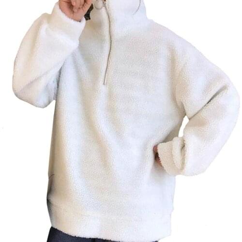 ZuoLunOuBa New Arrival Fashion Winter Solid White Women Hoody Sweatshirt Zipper Half High Collar Long Sleeve Pullover Female