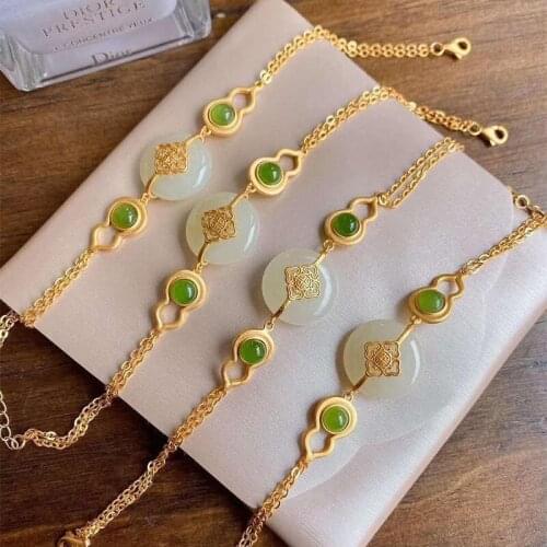 New inlaid natural Hotan Chalcedony gourd Bracelet Chinese style retro unique ancient gold craft charm womens brand jewelry