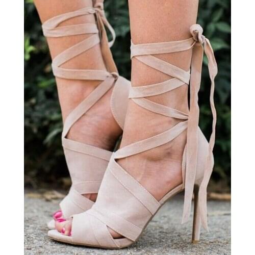 Sexy Beige Lace-up Women Sandals Thin Heels Cut-out Strappy Gladiator Sandals Women 2019 Ladies High Heel Dress Shoes Customized