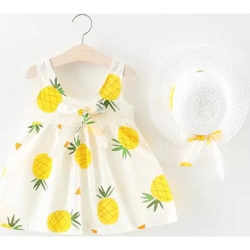 Baby Girl Dress Cotton Print Pineapple Dress With Bow Hat 2pcs Clothes Set Baby Girl Clothes Summer Beach Party Girl Dress