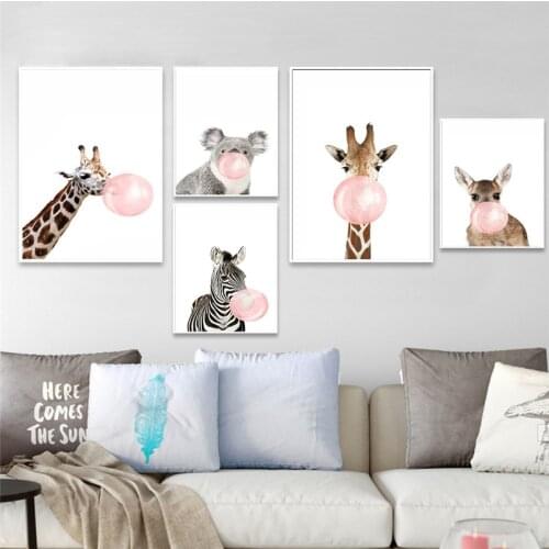 Bubble Chewing Gum Giraffe Zebra Animal Posters Canvas Painting Wall Art Picture Nursery Decorative Nordic Style Kids Room Decor