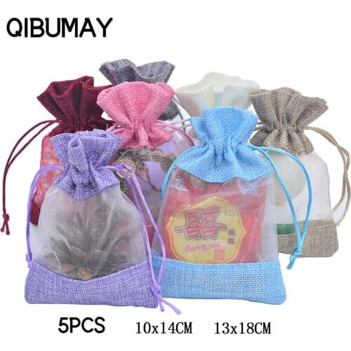 QIBU 5pcs Christmas Lace Gift bags Linen Jute Drawstring Pocket Wedding Birthday Party Accessories DIY Party Decoration Gift bag