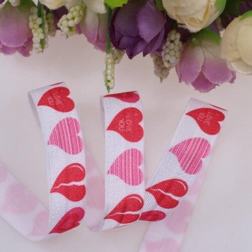 Broken hearts heat transfer printed fold over elastic for hair tie, 5/8 inch FOE Elastic for Valentines Day, 100yards/lot