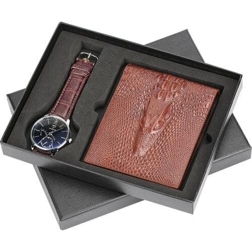 Luxury Men Watch Brown Leather Purse Wallet Gift Set For Male Business Mens Quartz Wristwatch Present for Father Husband