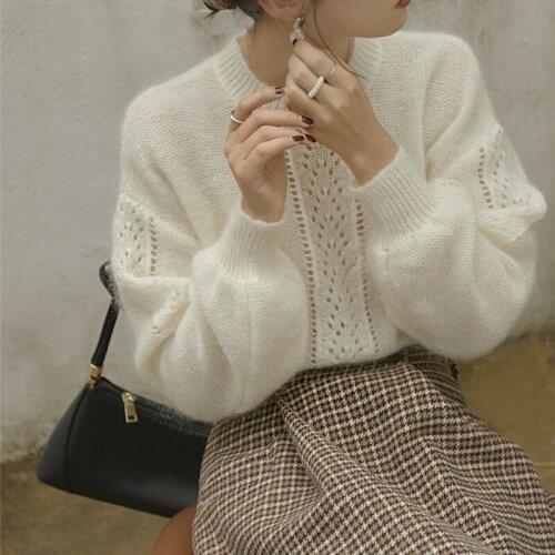 Limiguyue Chic Autumn Jumper Women Mohair Sweater Hollow Knitted Pullovers Casual Long Sleeve Tops O-neck Beige Knitwear K2474
