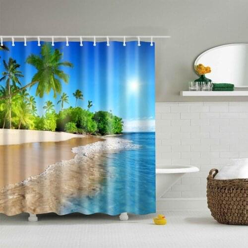 Ocean Beach Landscape Shower Curtains Forest Waterfall Scenery Green Plant Leaf Bamboo Bathroom Decor Waterproof Cloth Cheap
