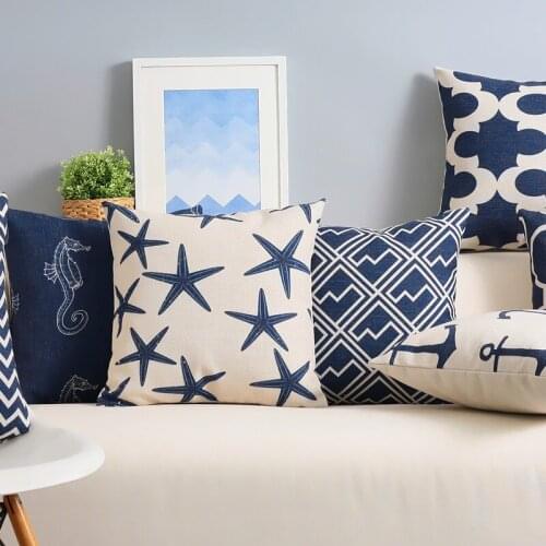 Blue Mediterranean Starfish Hippocampus Cushion Geometric Pillow Cover Home Decorative Sofa Office PillowCase