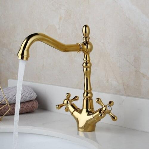 Bathroom Basin Faucet Gold Bamboo Design Brass Tap Bateria Wannowa Retro Double Handle Faucets Deck Mounted Mixer Taps