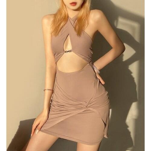 Taytayvola NEW 2021 Women Sexy Hollow Bandage Cross Halter Dress Fashion Slim Sleeveless Clothing Street Lady Trend Mini Dresses