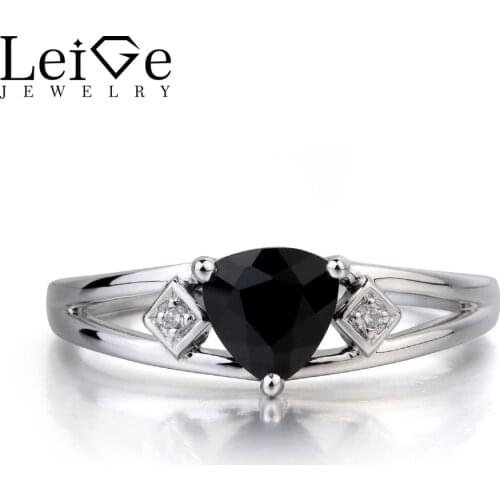 Leige Jewelry Engagement Ring Natural Black Spinel Ring Black Gems Trillion Cut Gemstone 925 Sterling Silver Ring Gifts for Her