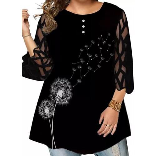 Plus Size Tops 2021 Summer Printed Large Size Womens Tunics Blouse Black Lace Sleeve Female Fashion Elegant Patchwork Tops