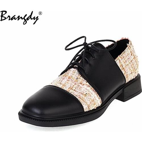 Brangdy Women Shoes Leather Lace Up Oxford Shoes Thick Mid Heels Loafers Round Head Platform Casual Shoes Lolita Mary Jane Shoe