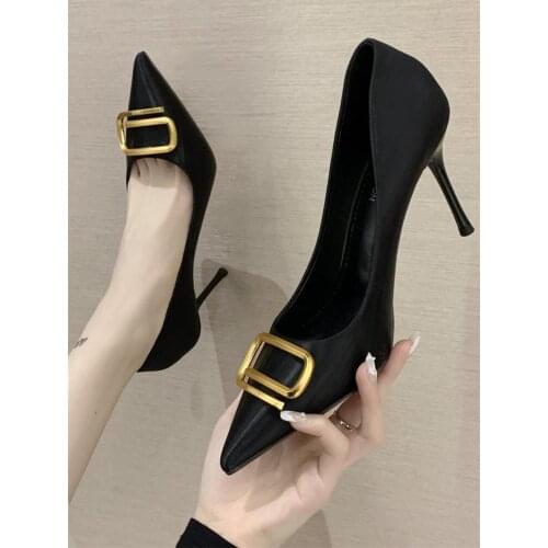 Spring and autumn new pointed toe stiletto high-heeled womens shoes Korean style shallow mouth metal square buckle shoes