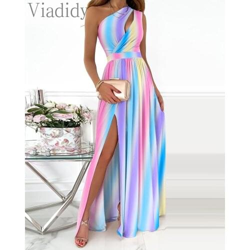 Women One Shoulder Front Cutout Side Slit Maxi Dress