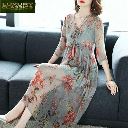 Women Silk Long Dress Prin Floral Summer Dress Elegant Party Dresses Beach Ladies Office Wear Dresses Vestidos LWL1524