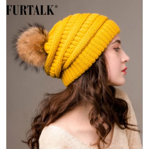 FURTALK Winter Beanie Hat Women Real Fur Pompom Slouchy Beanie Knitted Ladies Stretchy Chunky Hat Warm Bobble Skullies Cap 2019