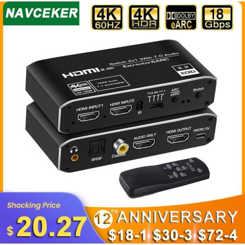 2x1 4K HDMI Switch eARC Audio Extractor With ARC & Optical Toslink HDMI 2.0 Switch 4K 60Hz HDMI Switcher Remote for Apple TV PS4