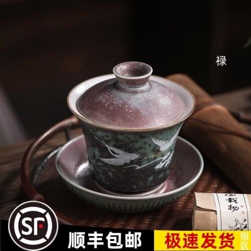 Anti-scald Large Ceramic Retro Tea Cover Bowl with Lid Sancai Gaiwan Single Tea Bowl Hand Painted Shining Crane Cover Bowl Gift