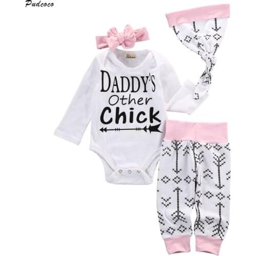 Pudcoco printed baby girl clothes 2017 cotton girls winter clothes long sleeve bodysuit printed pant hat headband 4pcs girls set
