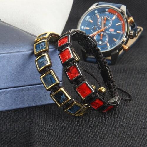 Mens Genuine Snake Leather Sqaure Gold Color Charm Beads Stingray Macrame Bracelet Drop Shipping Lover Name Logo Laser Printing