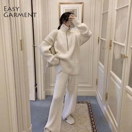 EasyGarment 2021 Spring Autumn Casual Women 2 Piece Set Turtleneck Pullover Sweater Wide Leg Rib Pants Female Knit Tracksuit