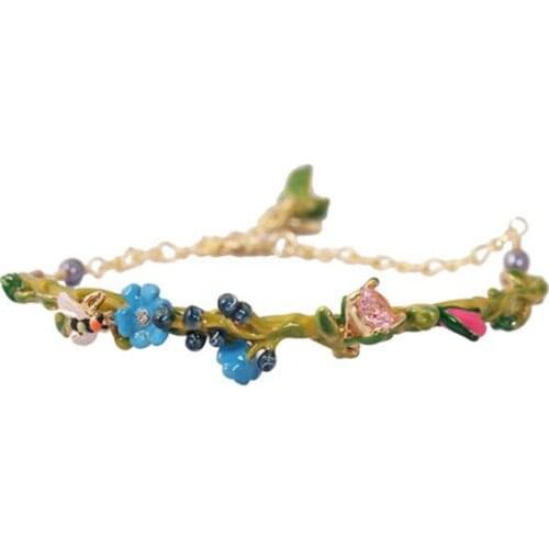 European and American Product Fashion Trend Personality Blue Flower Bee Flower Branch Bracelet Bracelet Female Enamel Jewelry
