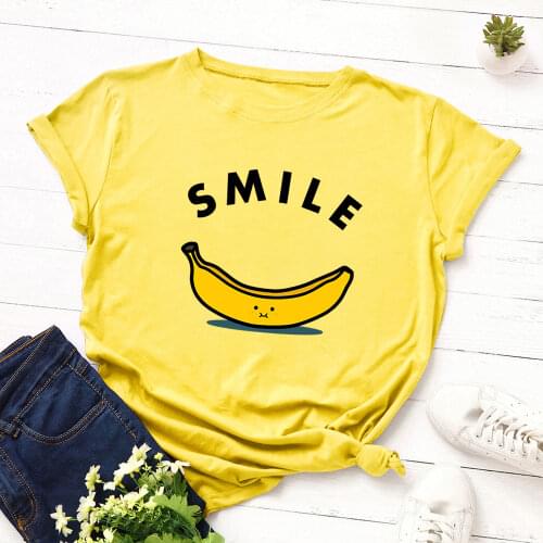 Women T-shirt Letter Smile Print Cotton Short Sleeve Tee Tops Plus Size Fruit Banana Graphic Tees T Shirts Girls Clothes Street