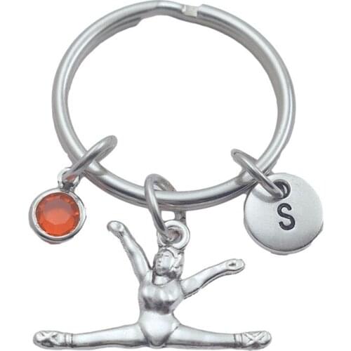 Gymnastics Girl Vintage Keychains Creative Initial Letter Monogram Birthstone Keyrings Fashion Jewelry Women Gifts Pendants