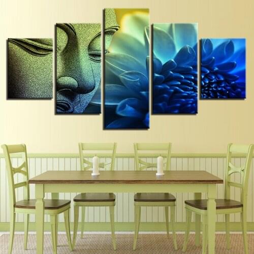 Canvas Posters Wall Art HD Prints Pictures 5 Pieces Buddha Head Portrait Blue Lotus Paintings Living Room Home Decor Framework
