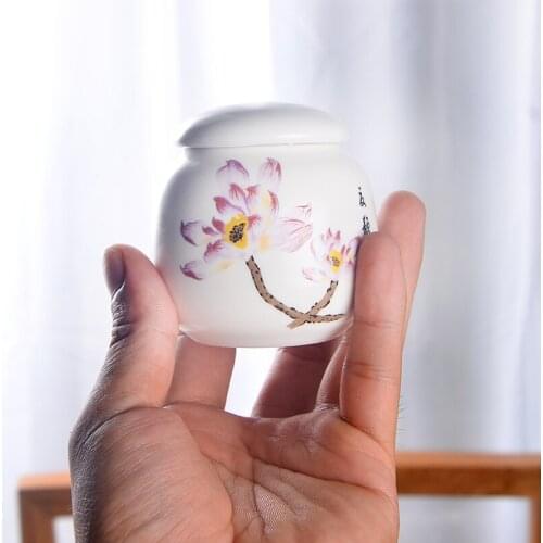 Hand Painted White Porcelain Tea Caddy Ceramic Small Pu'er Flower Green Tea Powder Sealed Storage Canister
