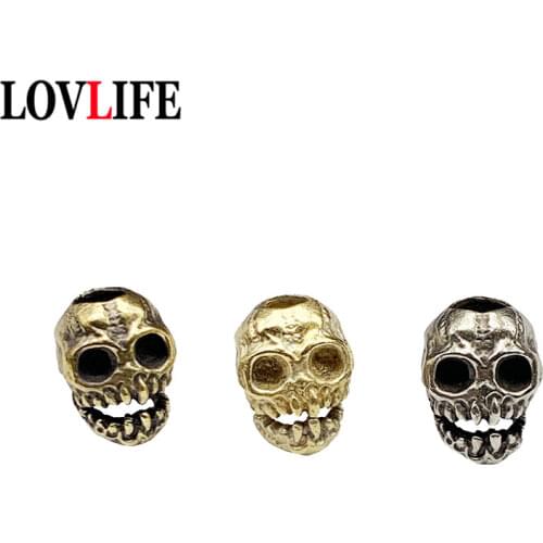 Brass Dark Little Skull Head Paracord Beads Handmade Keychain Pendant Outdoor EDC Keyring Hanging Pendants DIY Flashlight Beads